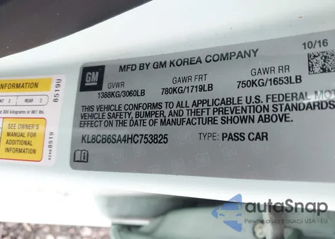 2017 Chevrolet Spark Ls Cvt z USA, uszkodzony, nr VIN KL8CB6SA4HC753825